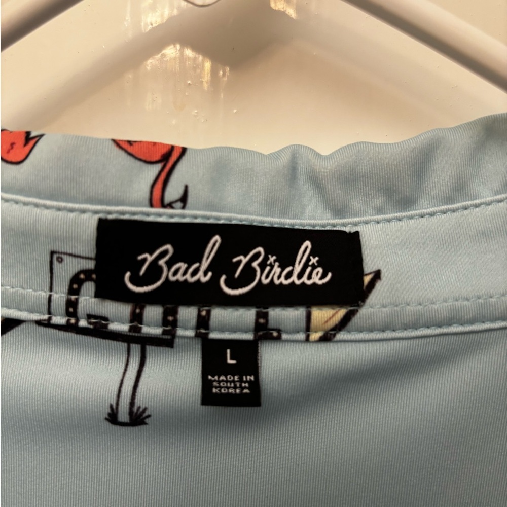 Bad Birdie Sky Blue Flamingo Golf Shirt Size L